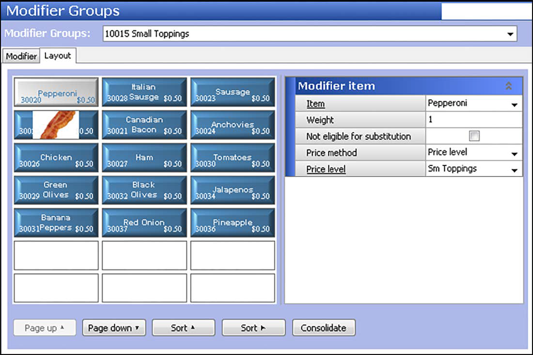 Sample of Modifier Groups function, Layout tab showing modifier items