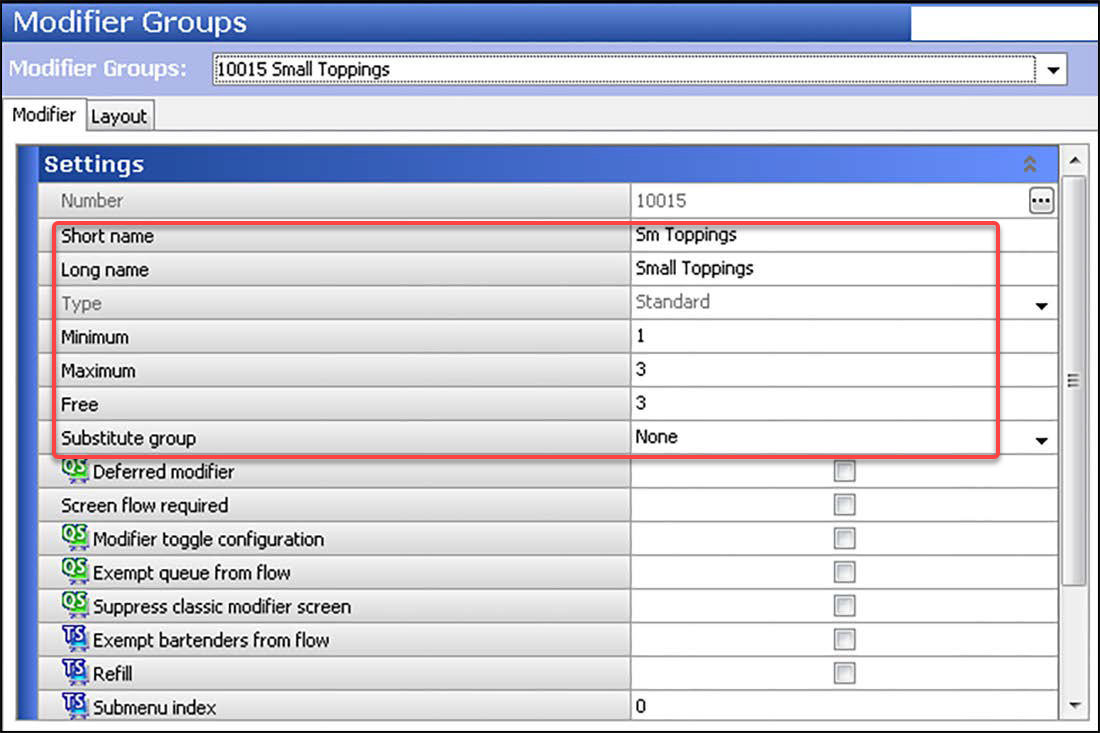 Sample of Modifier Groups function, Modifier tab