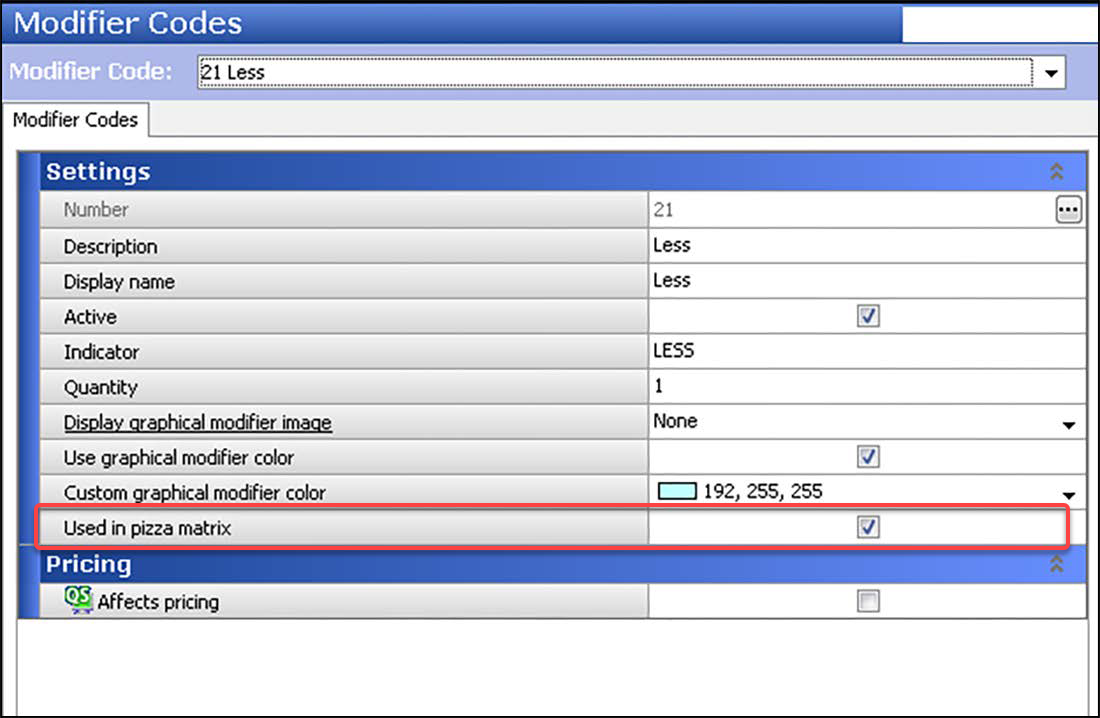 Sample of Modifiers Codes, Settings group bar.