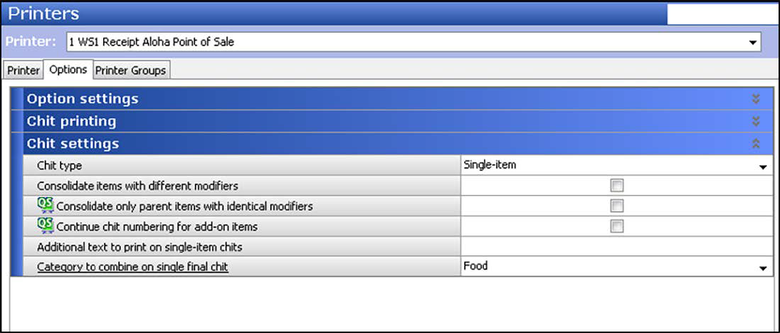 Printers function, Options tab, Chit Settings group bar.