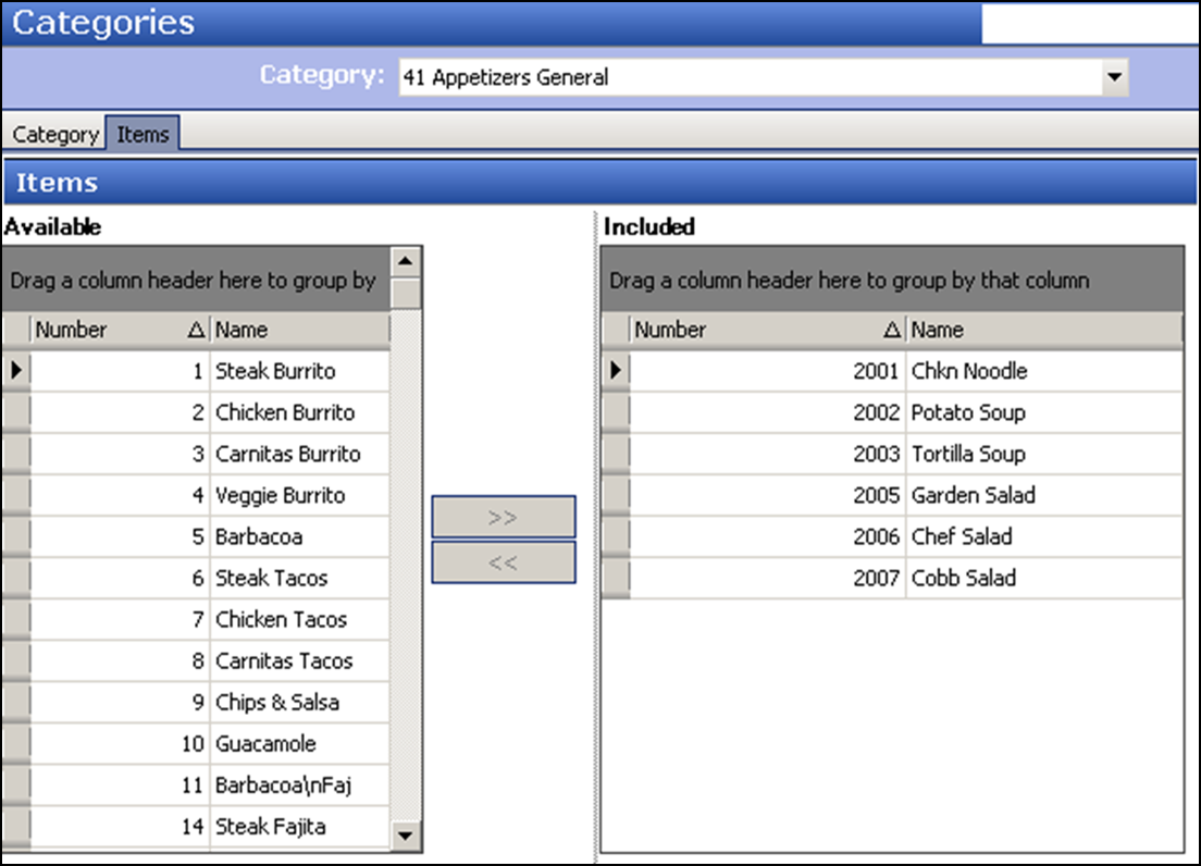 view the items tab under categories