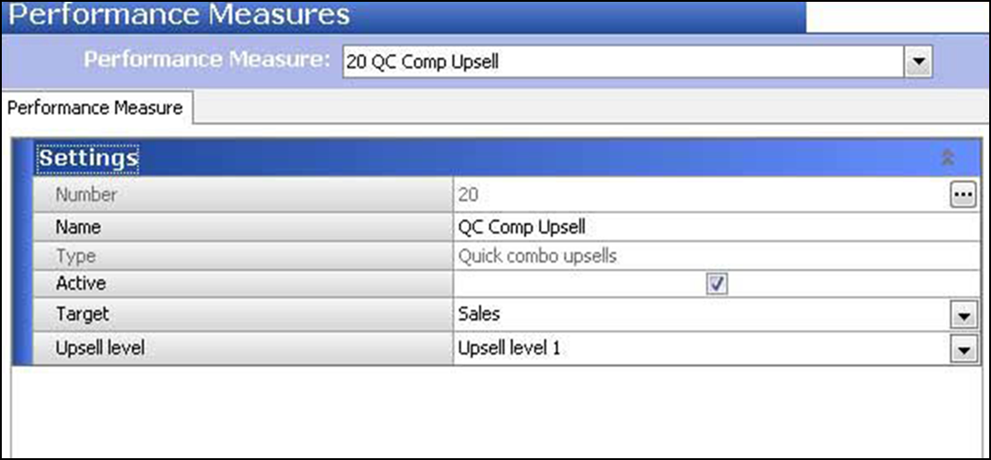 view the performance measures screen showing quick combo upsells