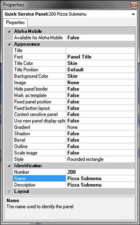 Sample of pizza panel properties dialog box.