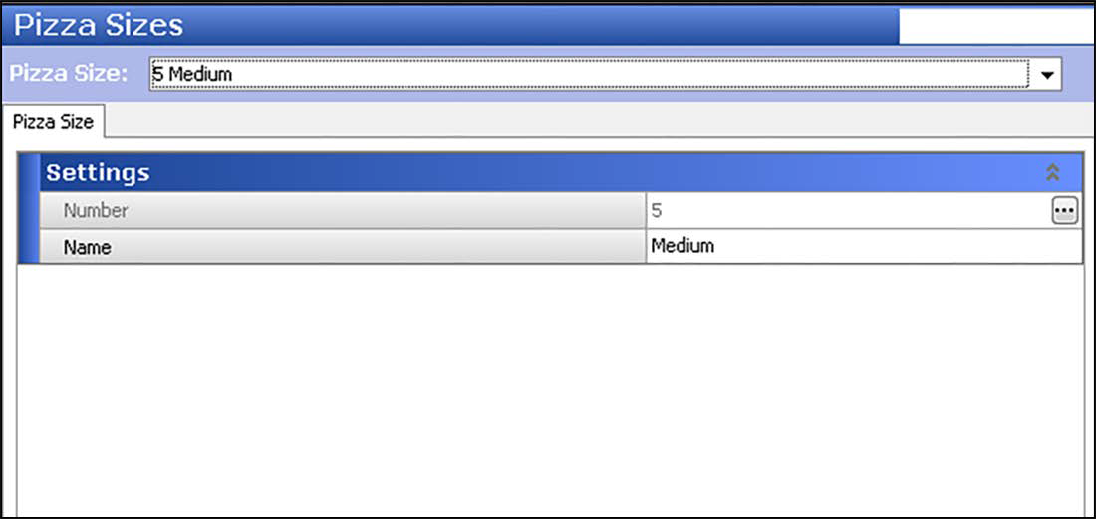 Sample of Pizza size, settings group bar.