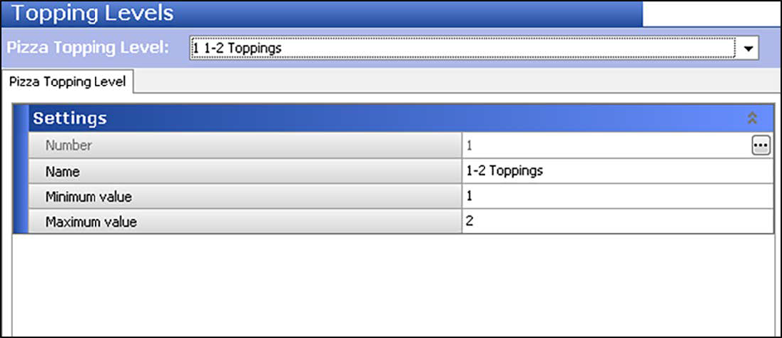 Sample of Pizza Topping Levels, Settings group bar.