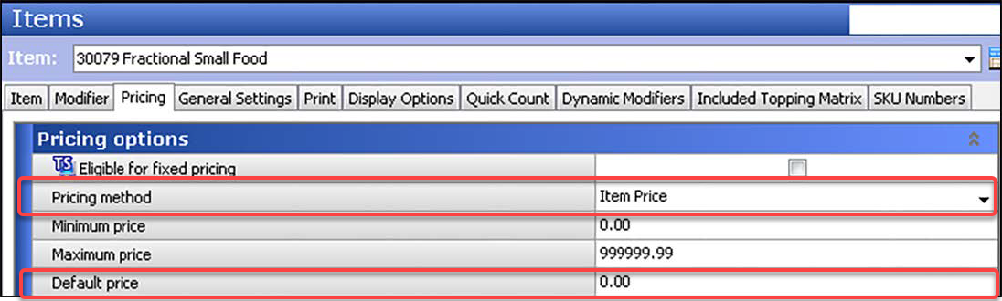 Sample Items function, Pricing tab showing pizza menu item at zero default price.