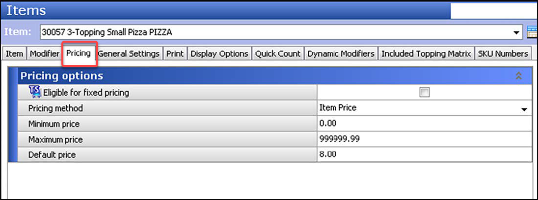 Sample of Pricing tab showing Pricing Options group bar containing pizza menu item