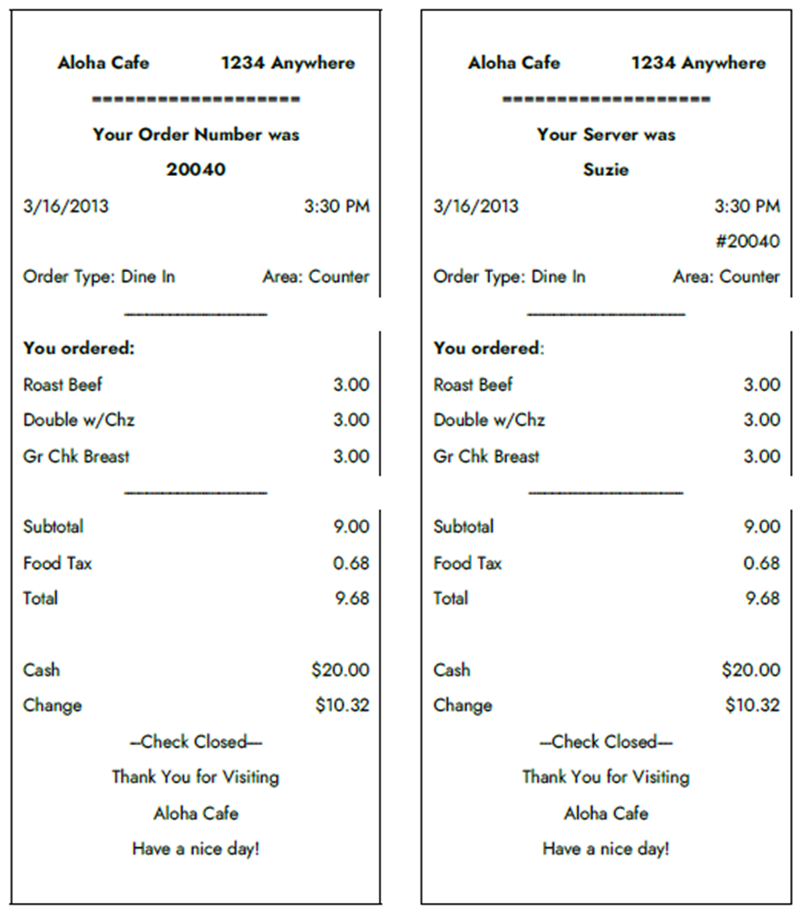 Customized Guest Check Example