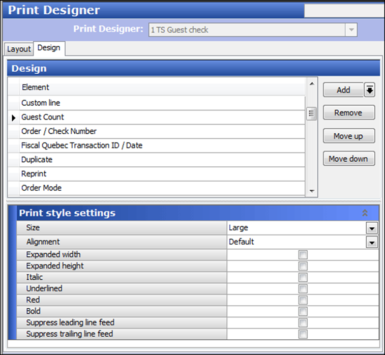 Print Designer Design Tab