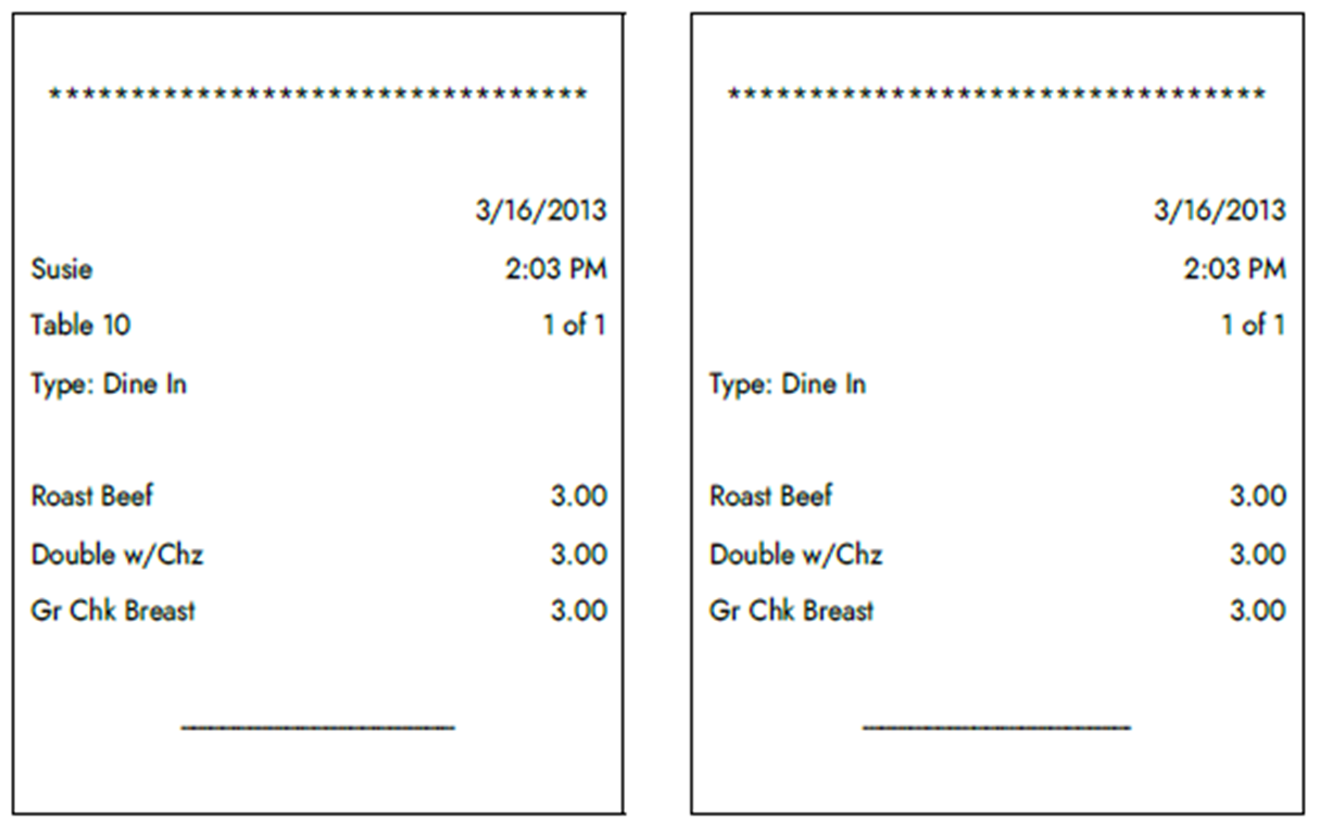 Default chit print for Quick Service left and Table Service right