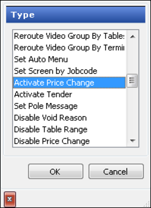 sample of selecting Activate Price Change