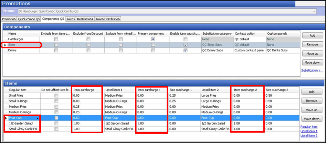 sample of Selecting 'Sides Item Surcharge' from Promotions function, Components QS Tab