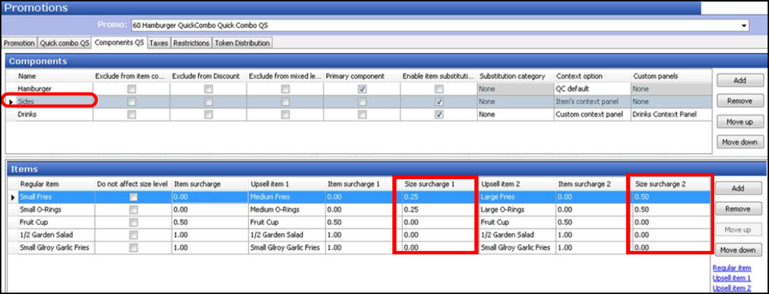 sample of Promotions function, Components QS Tab, Sides Size Surcharge