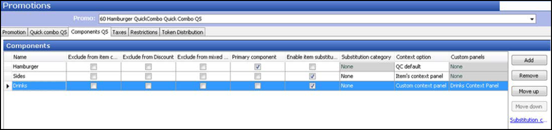 Example of Promotions function, Components QS tab, Selecting Custom Context Panel