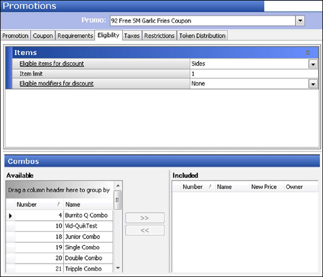 sample of configuring Promotions function, Eligibility tab