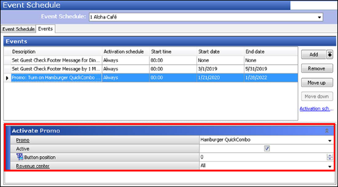 sample of accessing Event Schedule function, Events tab