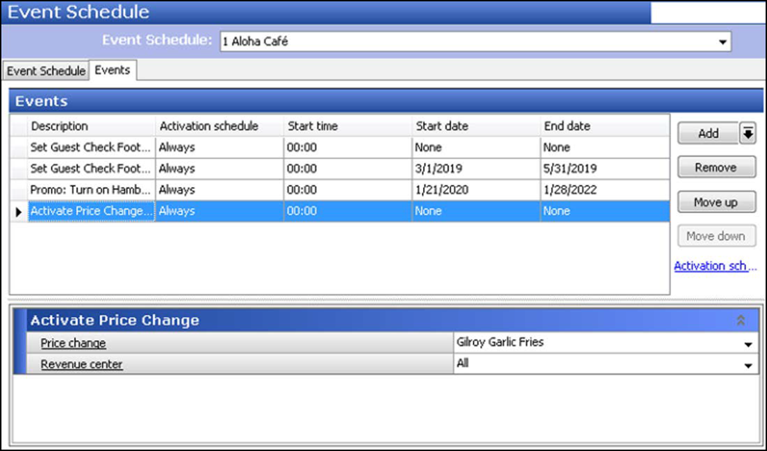 sample of activating price change from Event Schedule function, Events tab