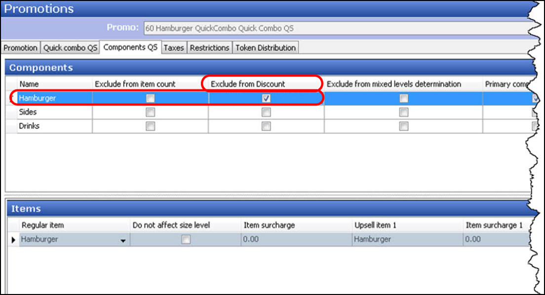 sample of selecting 'Exclude From Discount' from Promotions function, Component QS tab