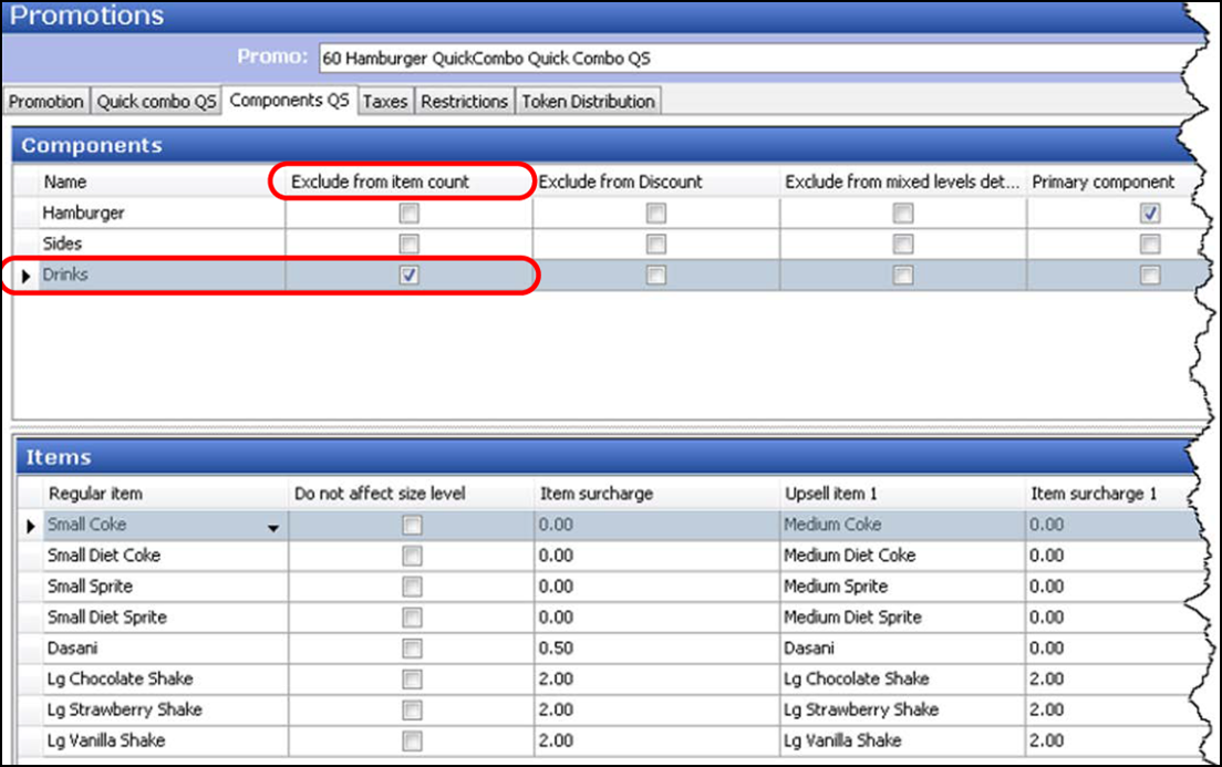 sample of selecting 'Exclude from Item Count' from Promotions functions, Component QS tab