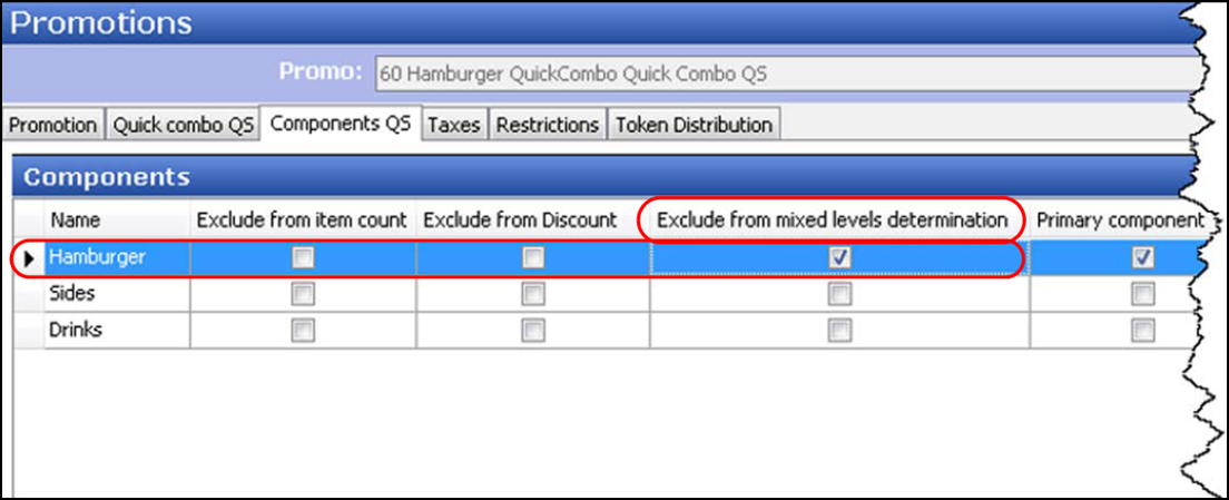 sample of selecting 'Exclude from Mixed Levels Determination' from Promotions function, Component QS tab