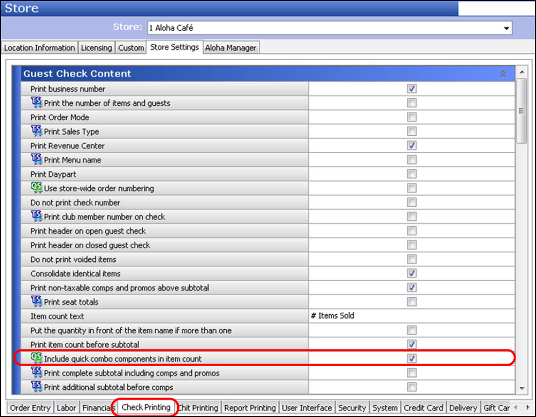 sample of selecting 'Include Quick Combo Components in Item Count' from store function, Store settings tab