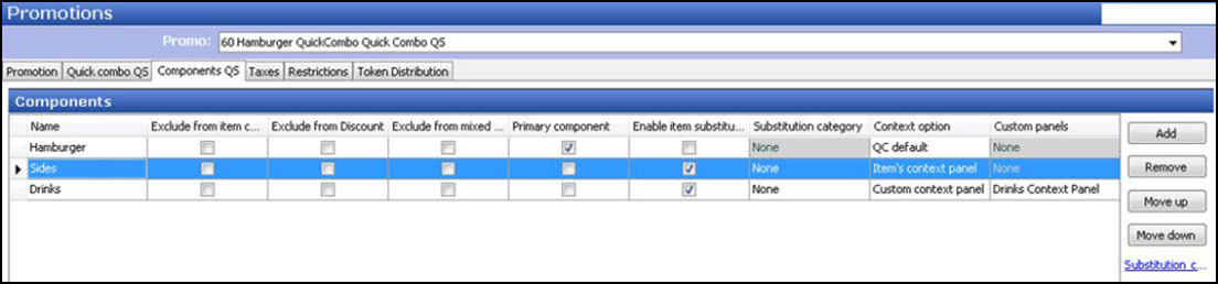 Example of Promotions function, Components QS tab, Selecting Item Context Panel