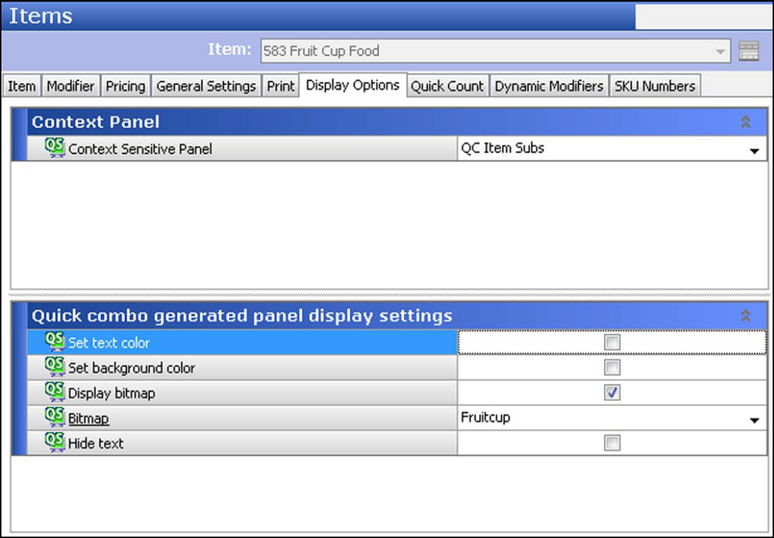 Example of Items function, Display options tab