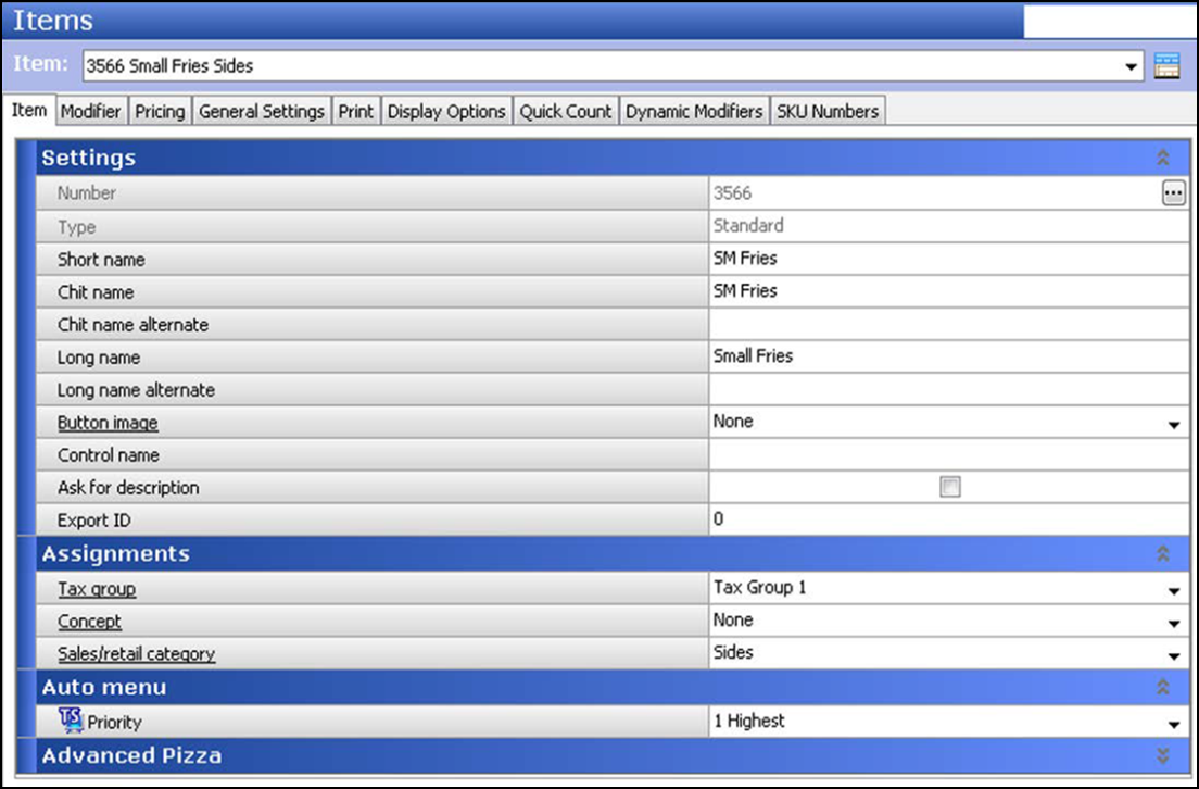 Example of Items function, Item tab