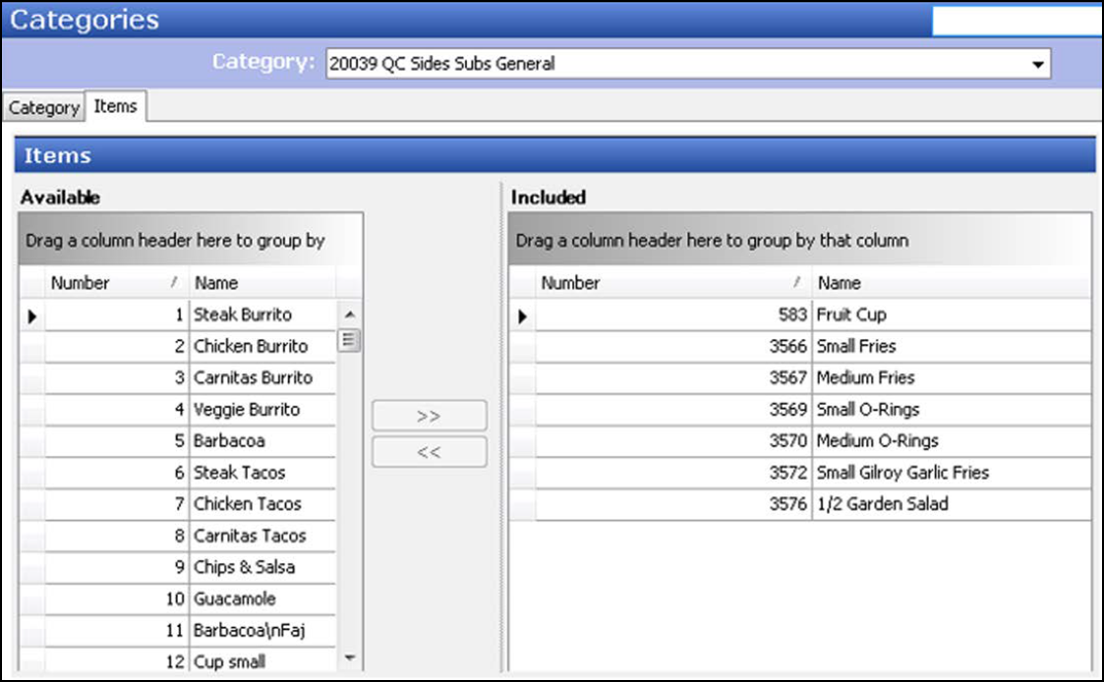 Example of Categories function, Items Tab