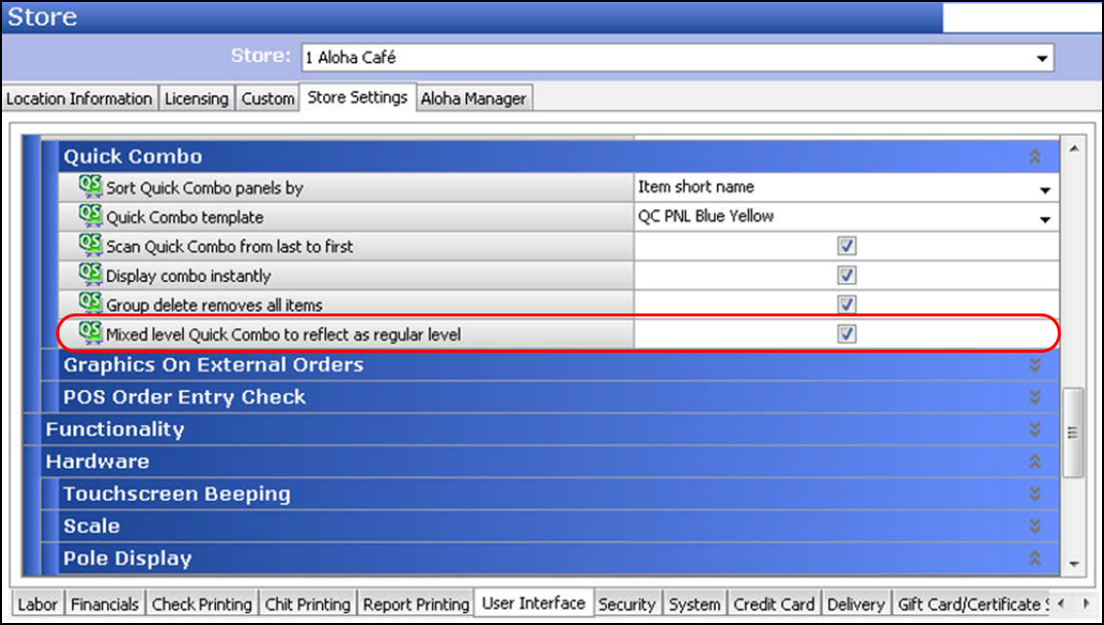 sample of selecting 'Mixed Level Quick Combo to Reflect as Regular Level' from Store function, Store Settings tab