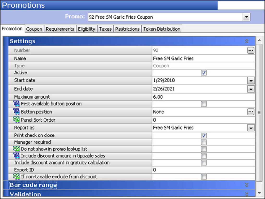 sample of configuring Promotions function, Promotion tab