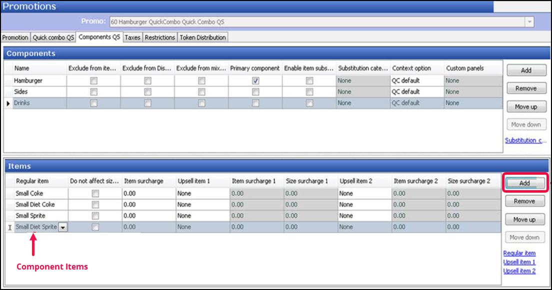 Example of Promotions function, Components QS tab, Drinks