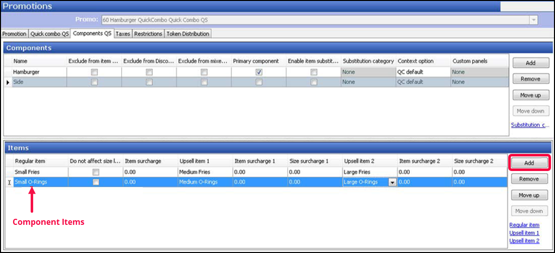 Example of Promotions function, Components QS tab, Sides