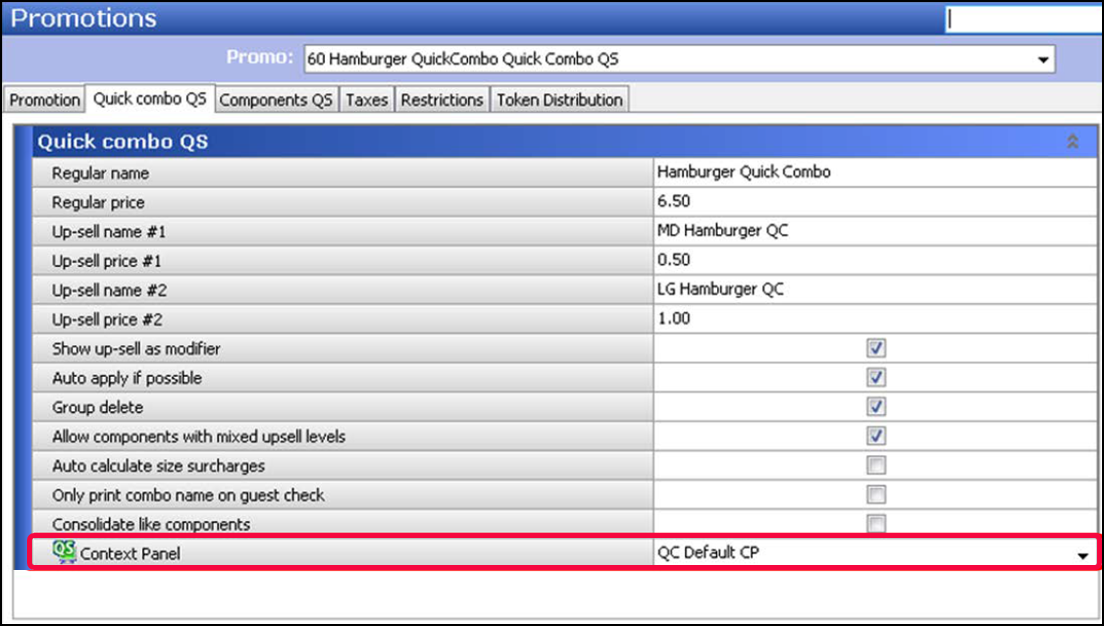 Example of Promotions function, Quick Combo QS tab, Context Panel