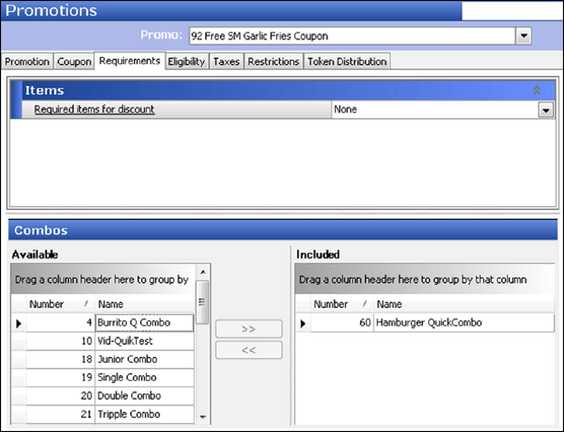 sample of configuring Promotions function, Requirements tab