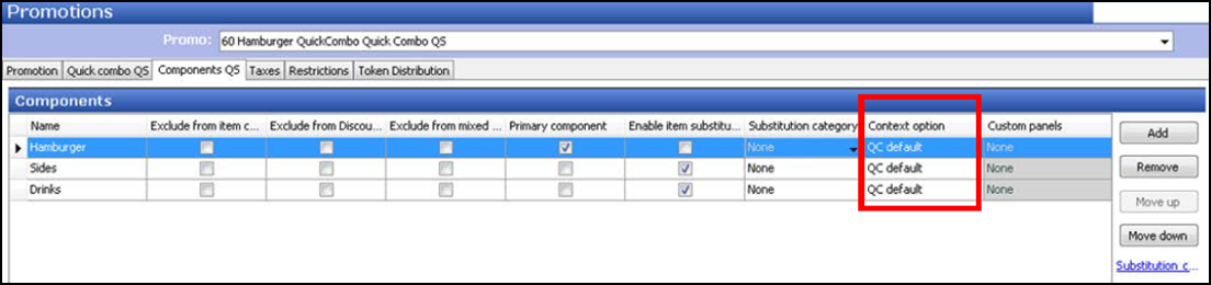 Example of Promotions function, Components QS tab, Selecting Context Option