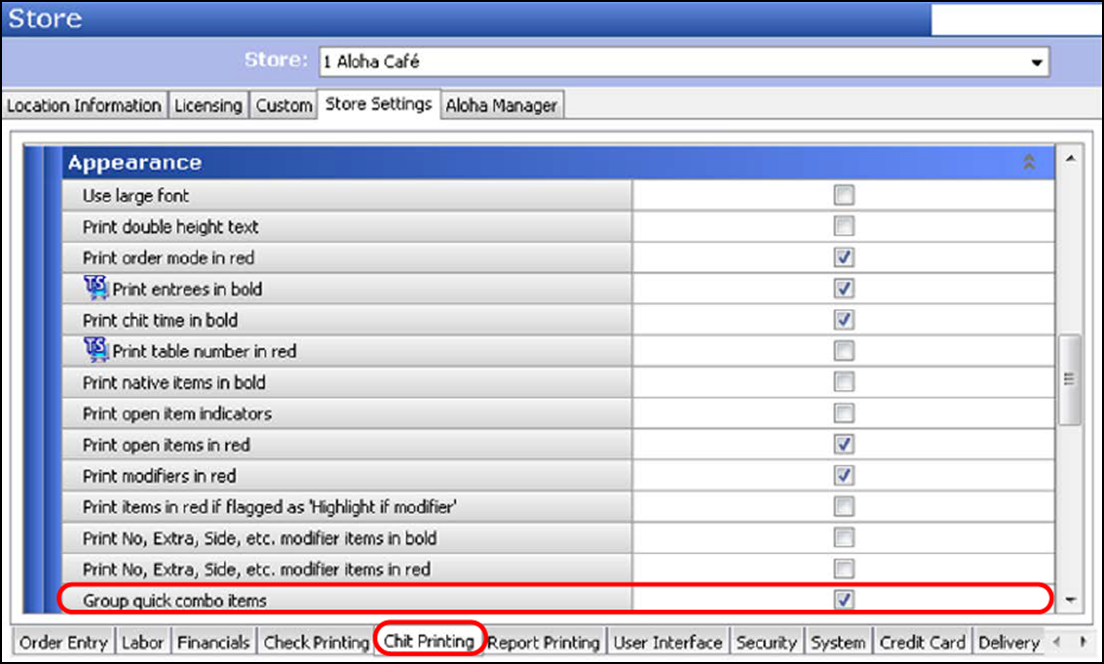 sample of accessing Store function, Store Settings Tab, Chit Printing Group