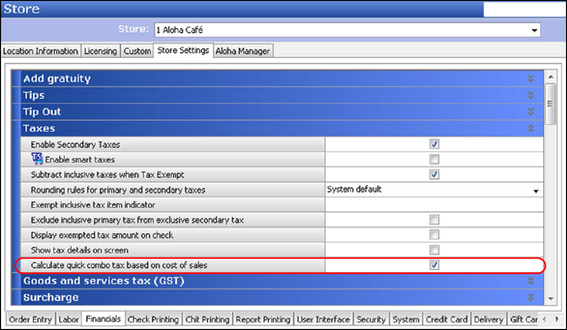 sample of accessing Store function, Store Settings Tab, Financials Group