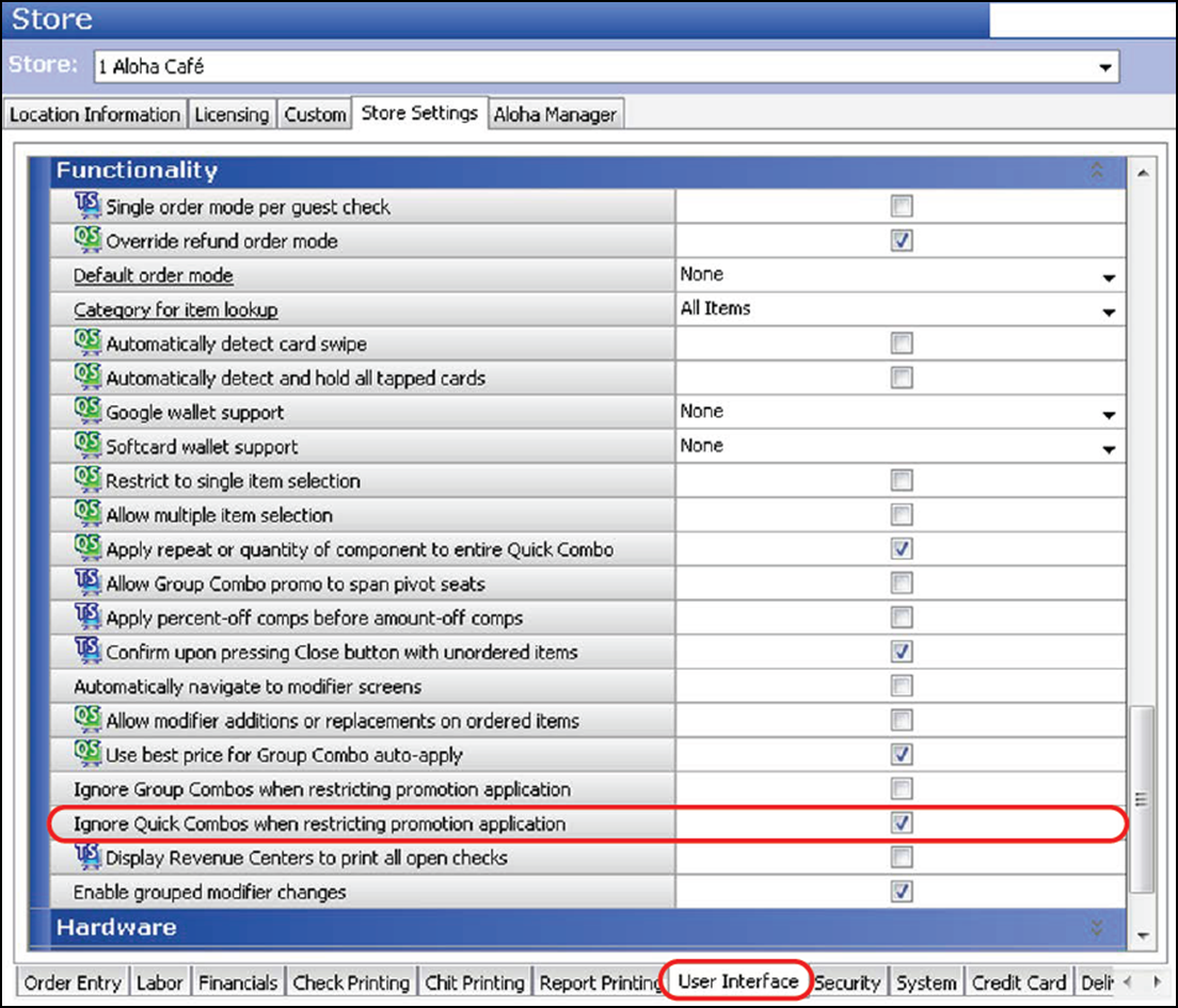 sample of selecting 'Ignore Quick Combos when restricting promotion
application' from Store function, Store Settings Tab, User Interface Group