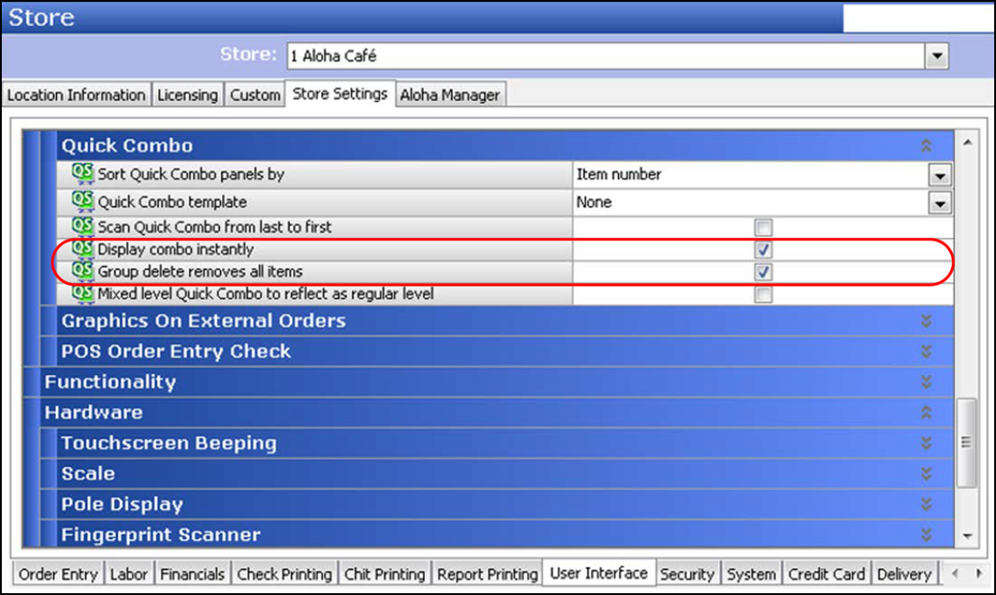 sample of selecting User Interface Group from Store function, Store settings tab