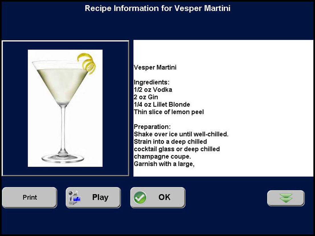 Sample of an item with attached recipe , Recipe information for Vesper Martini