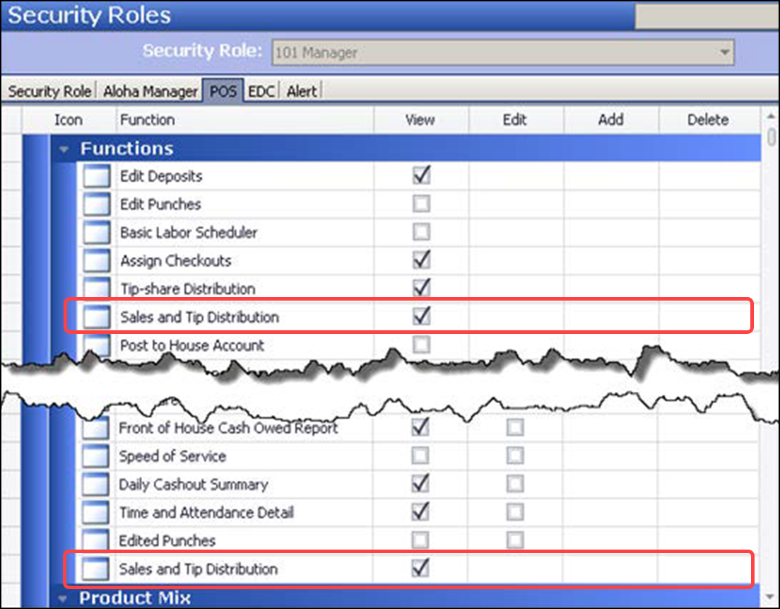 Sample of security roles POS tab 