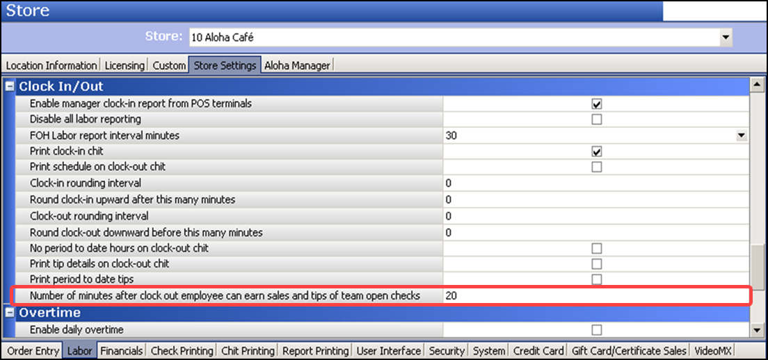 Store settings tab showing labor group