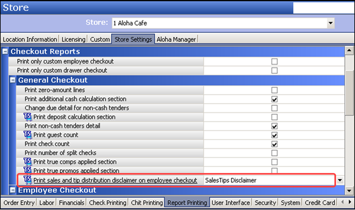 Store settings tab showing report printing group 
