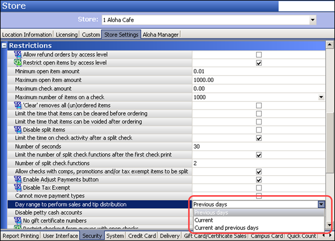 Sample of store settings security group 