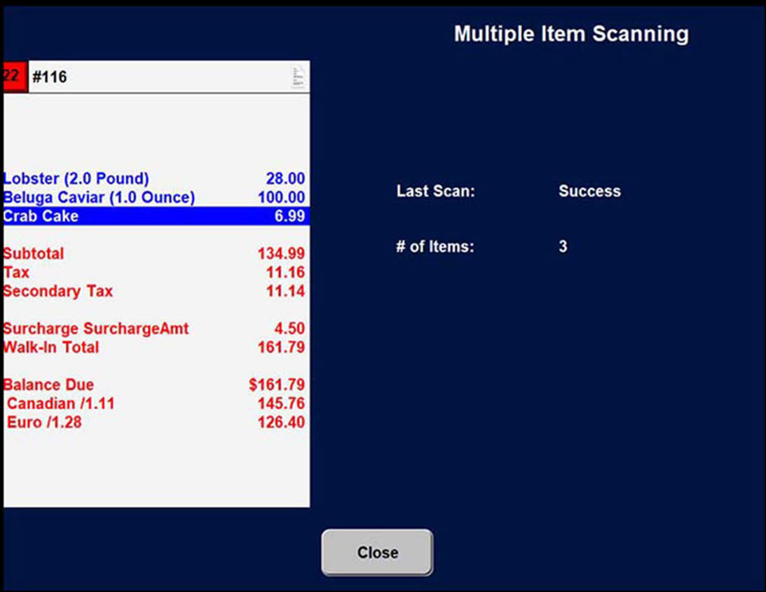 Screen showing multiple item scanning for non integrated scale