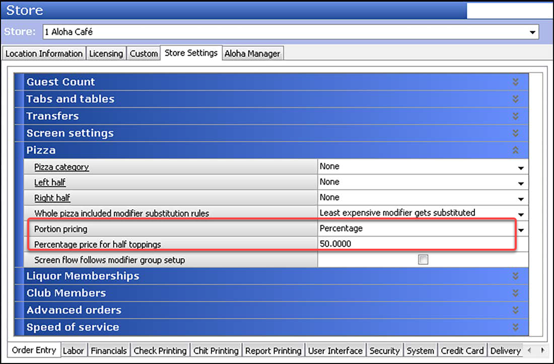 Store function, Store Settings tab, Pizza group bar showing portion pricing, percentage price for half toppings.