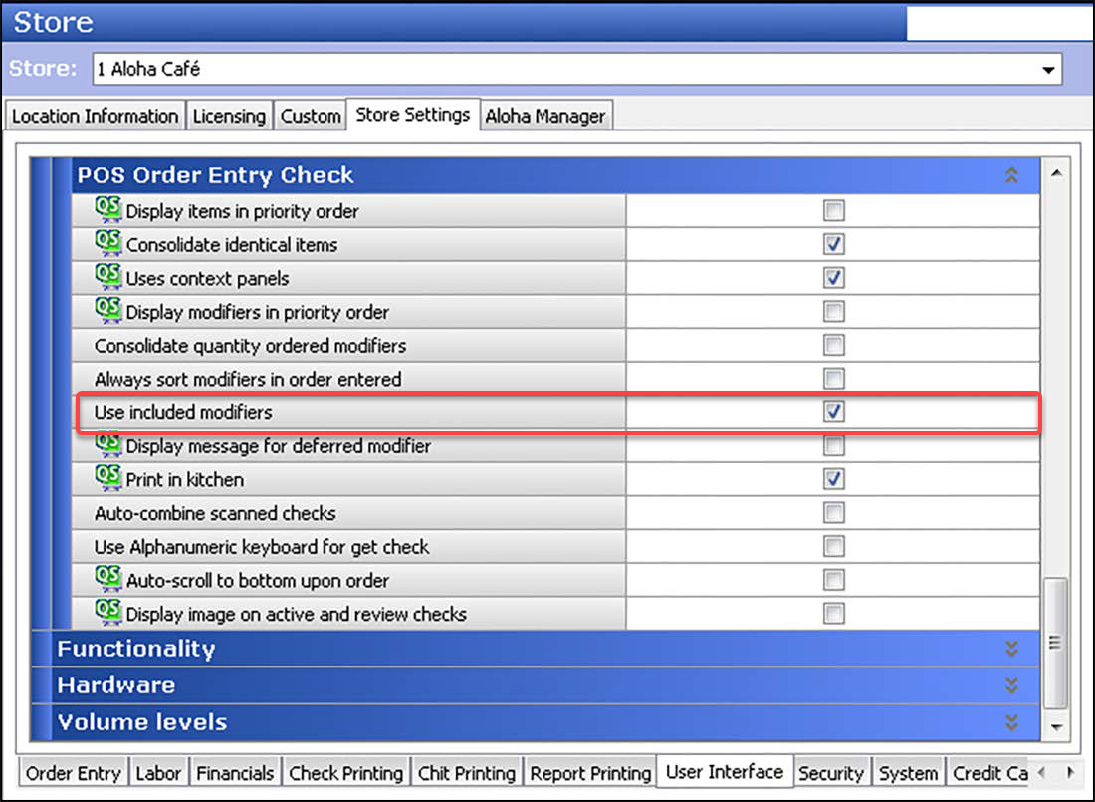 Sample of Store function, Store Settings tab, user interface group showing use included modifiers.