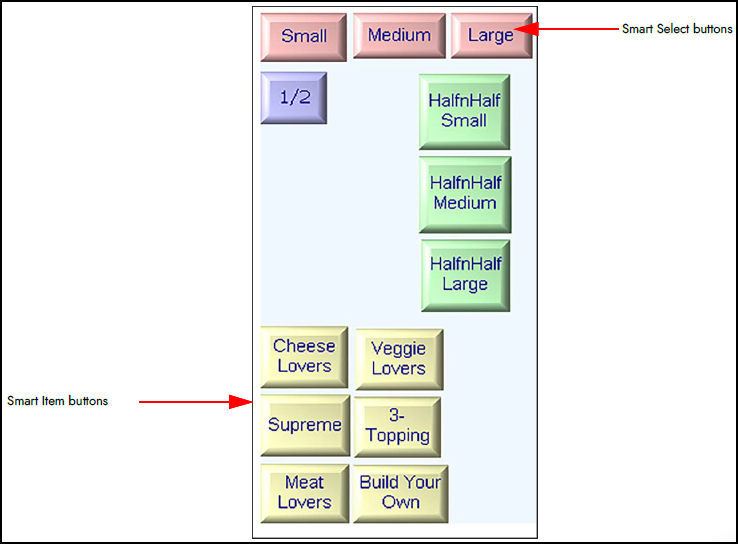 Sample submenu panel with smart select and smart item pizza items