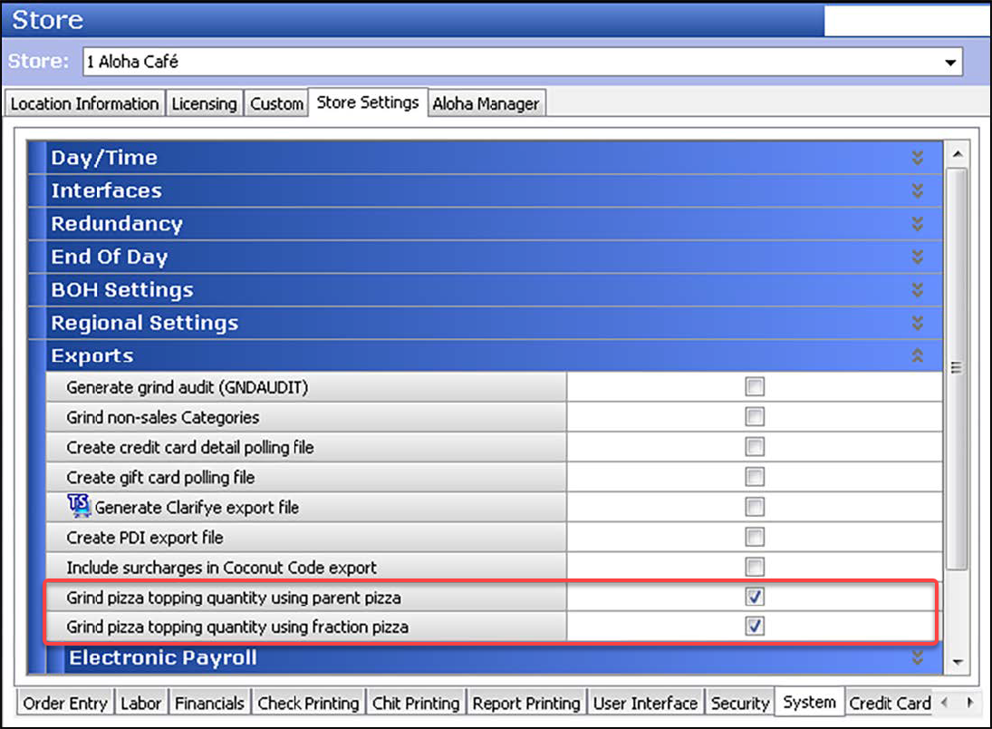 Sample of System group, Exports group bar.